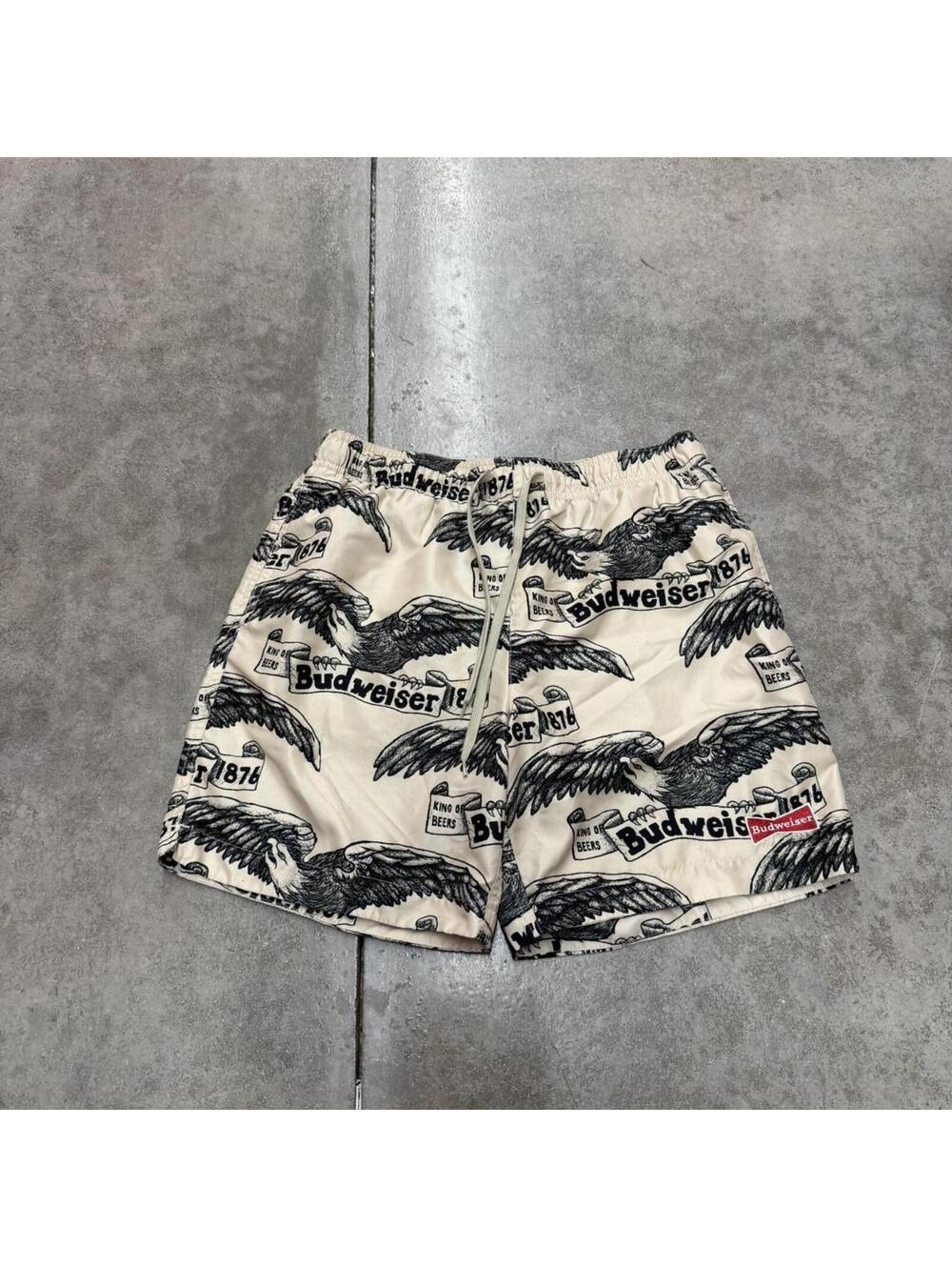 vintage budweiser all over print king of beers beige and black shorts medium